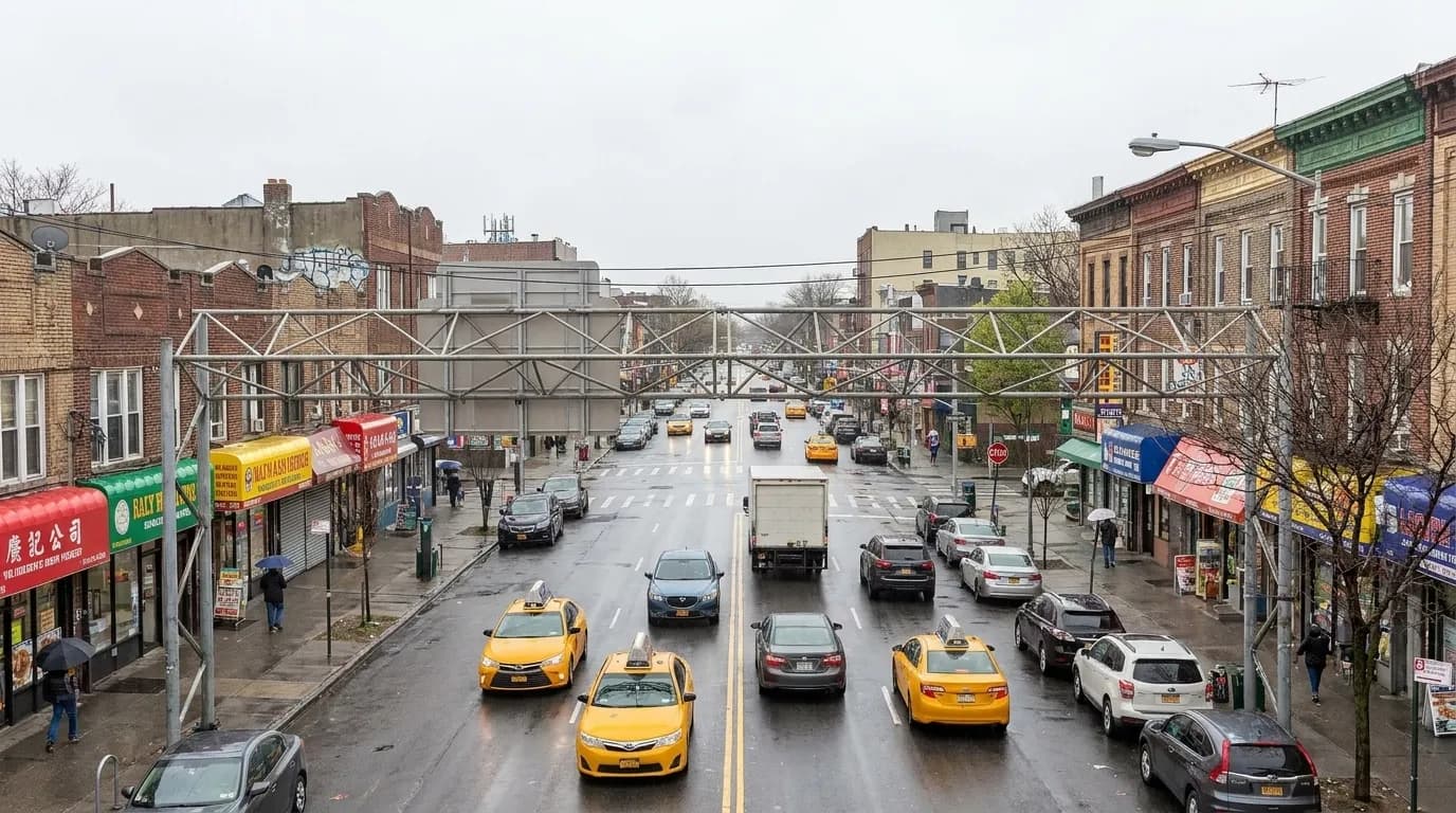 Storefronts along Astoria Boulevard in Queens on an overcast afternoon