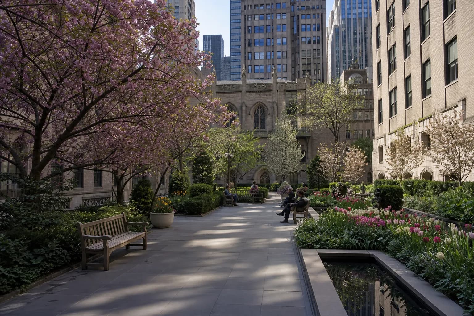 A quiet uptown courtyard garden with benches and spring greenery