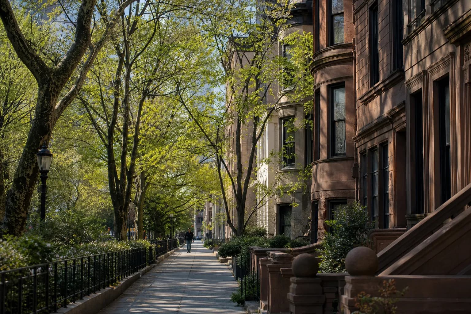 A tree-lined uptown path leading between elevated green spaces