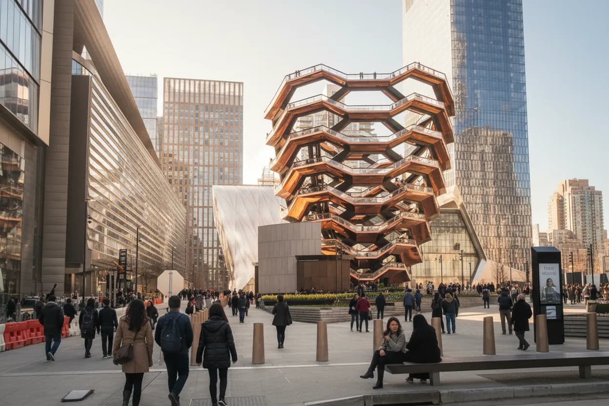A modern public plaza ringed by glass towers