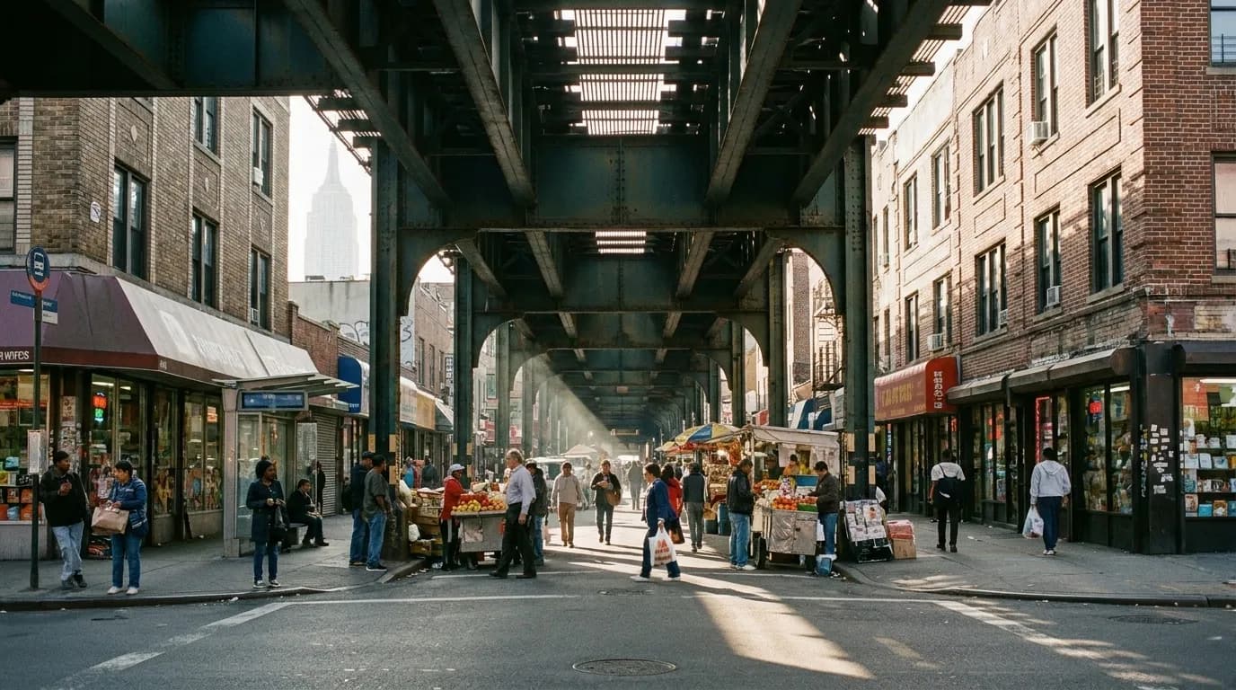 Roosevelt Avenue under the elevated 7 train tracks in Jackson Heights