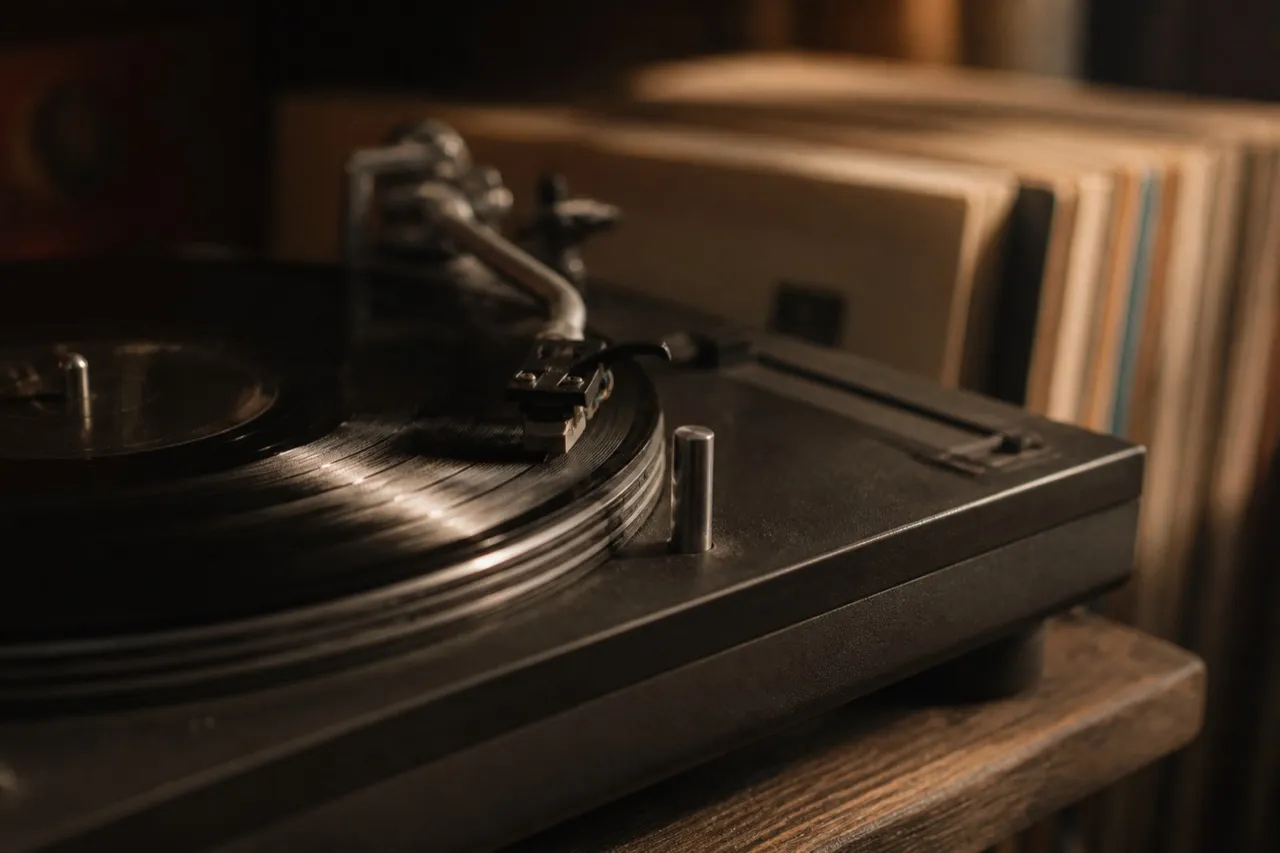 Turntable with a record on the platter and the tonearm resting on the lead-in