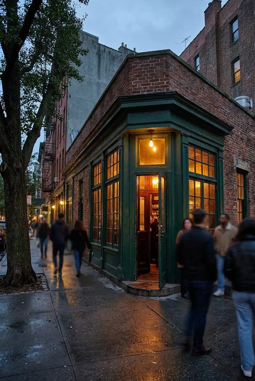 A green wood corner tavern in the West Village glowing warm at dusk with multi-pane windows