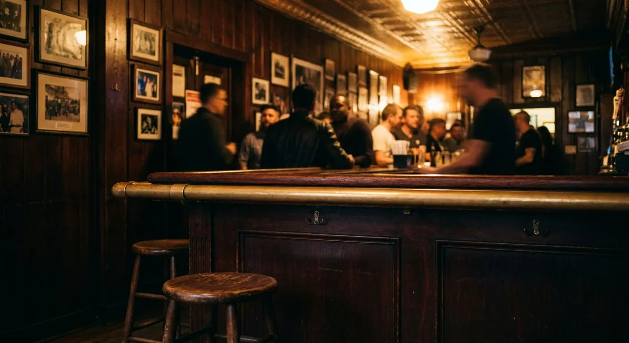 A dim wood-paneled historic bar interior with a mahogany bar, brass rail and worn stools