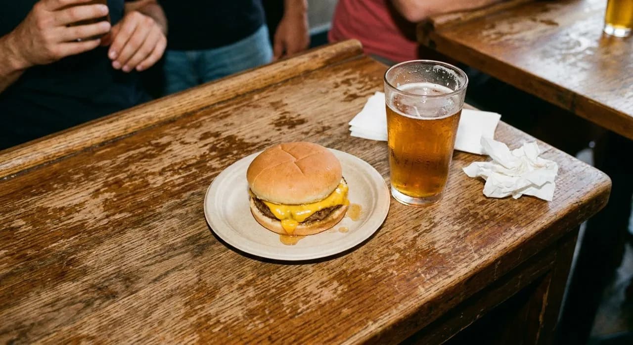 A plain cheeseburger on a paper plate beside a glass of beer on a scuffed wooden bar counter