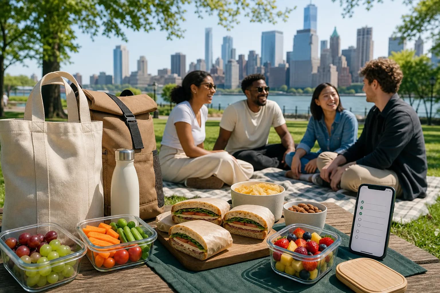 Unbranded picnic supply checklist in a sunny NYC park