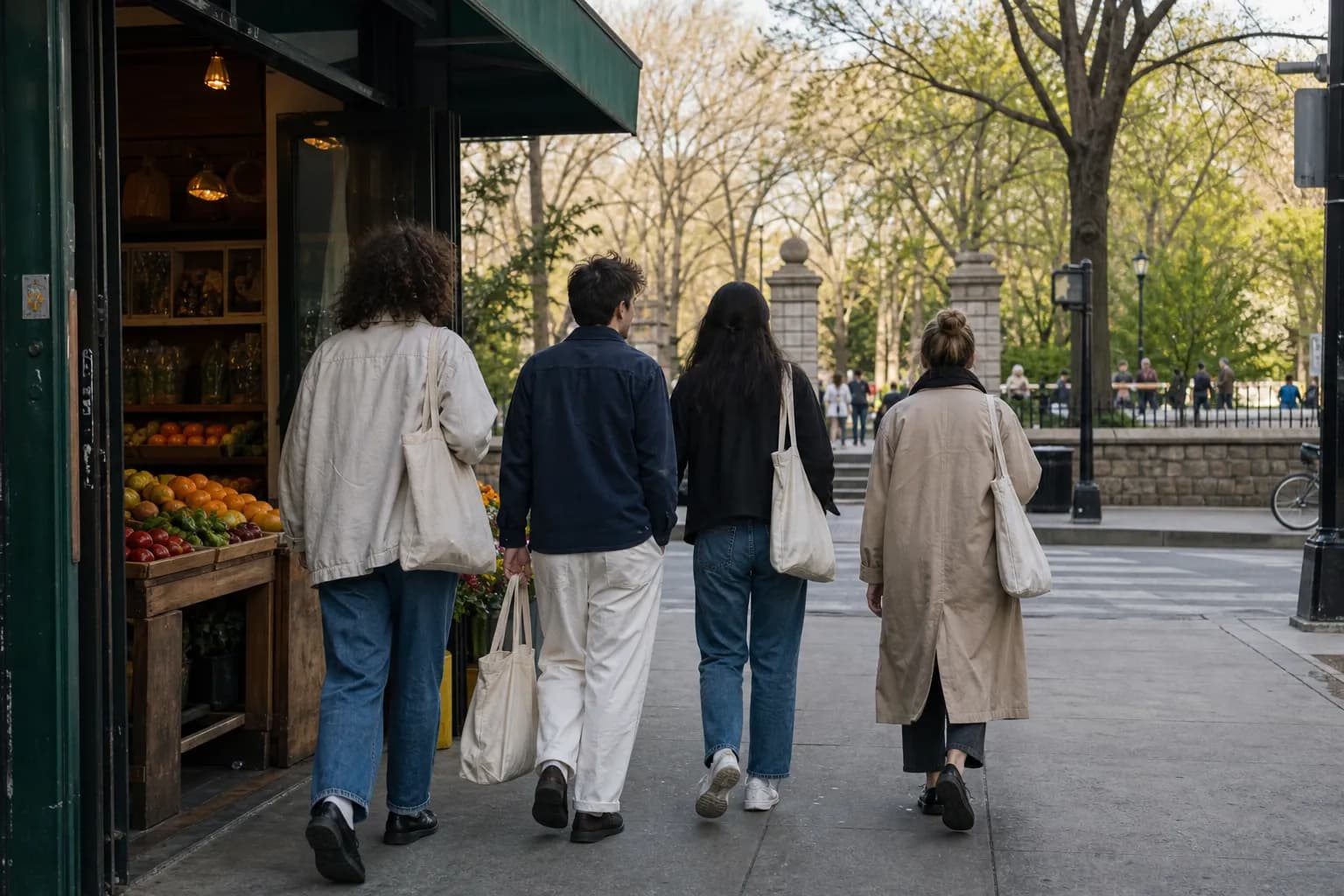 Friends leaving a neighborhood market for a park route