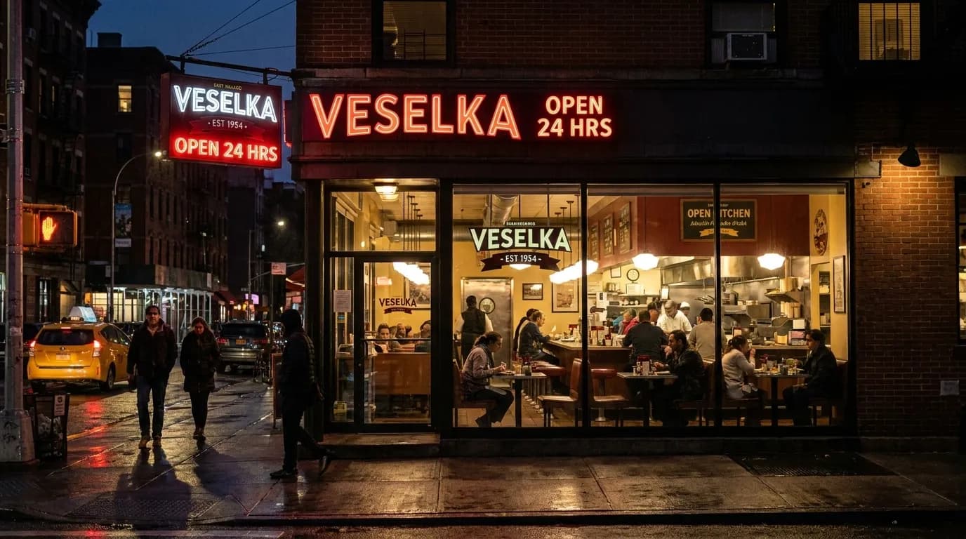 Veselka restaurant exterior illuminated at night in Manhattan's East Village