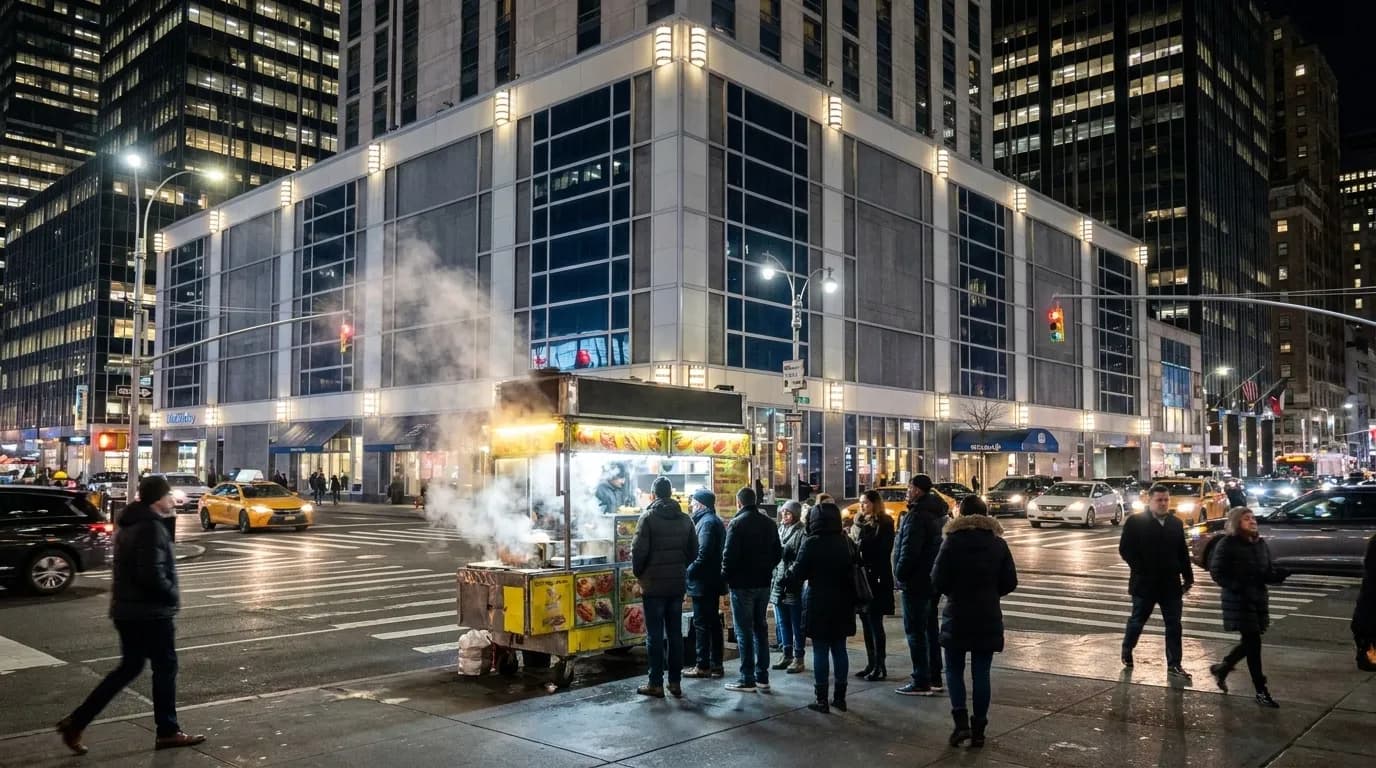 Midtown Manhattan street corner at 53rd and Sixth Avenue after dark