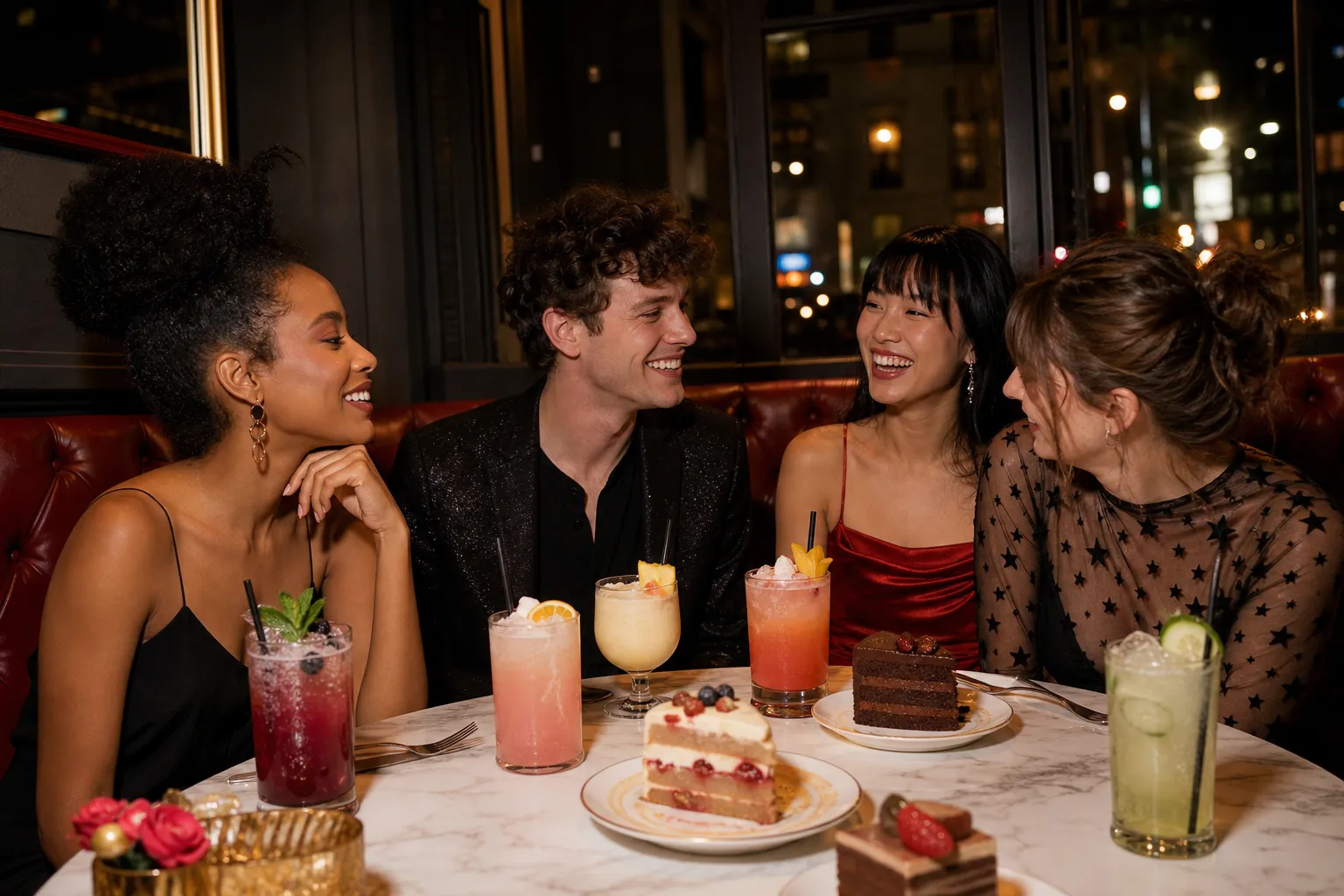 Stylish late-night mocktail and dessert table in NYC