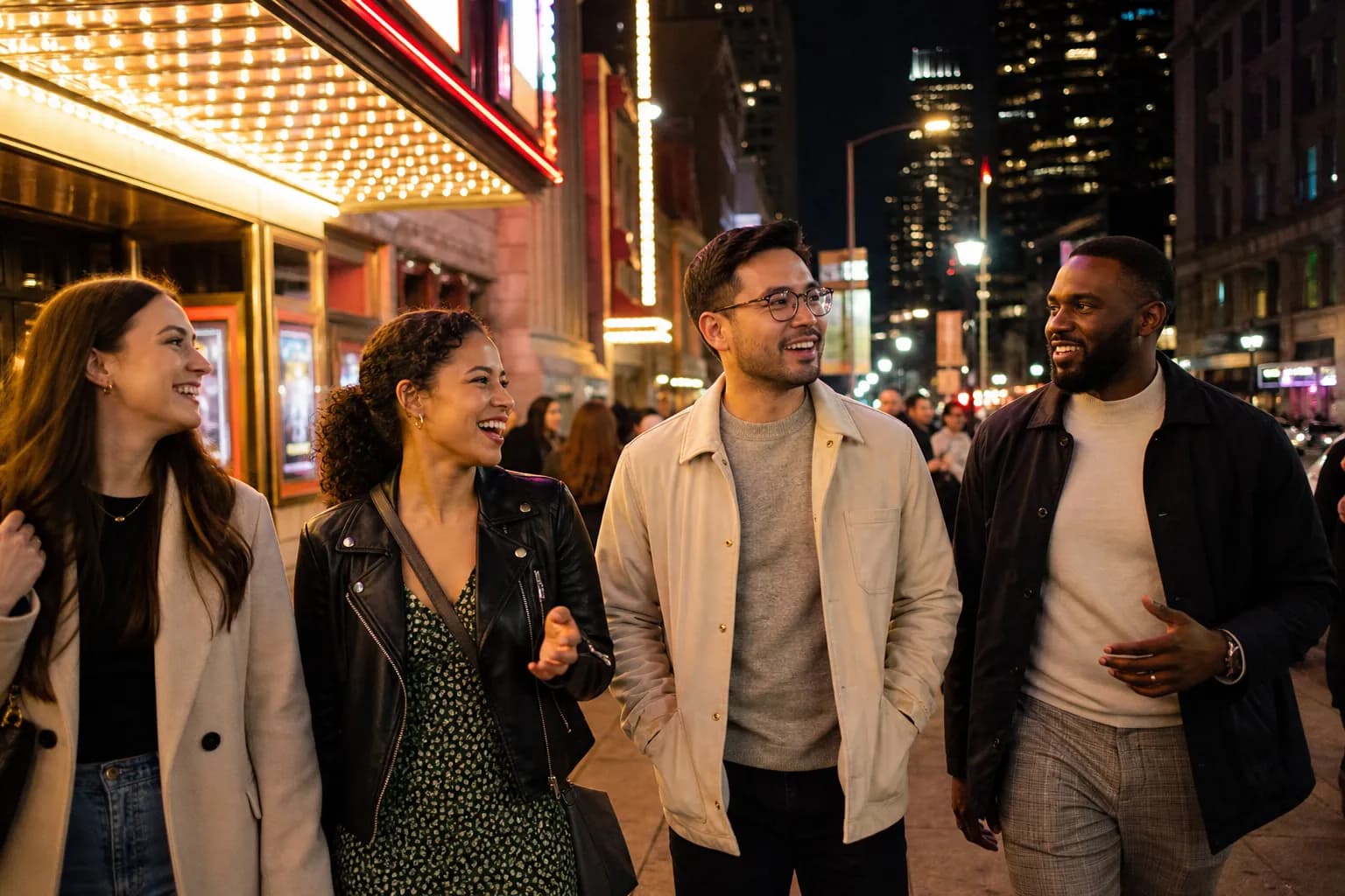 Friends leaving a theater district sidewalk for dessert