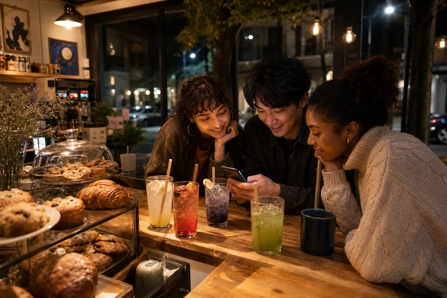 Late-night dessert counter with a subway route check