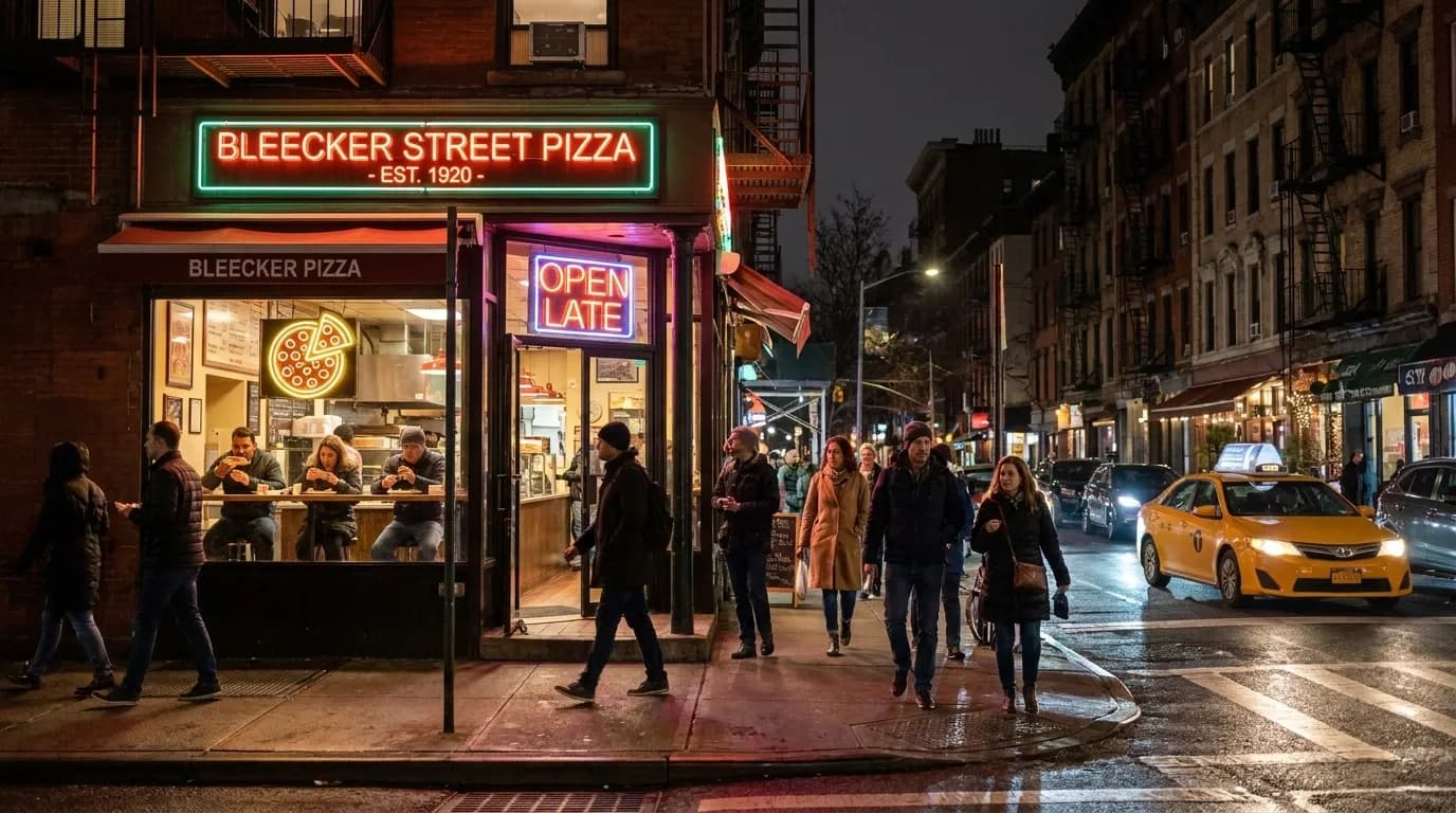 Exterior of Joe's Pizza on Bleecker Street in Greenwich Village at night