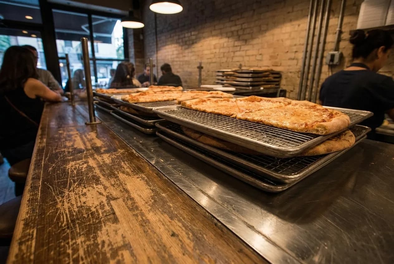 Cooling trays of plain slices behind a scratched pizzeria counter