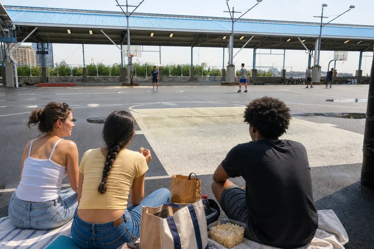 Brooklyn Bridge Park basketball-court pause for a WNBA night