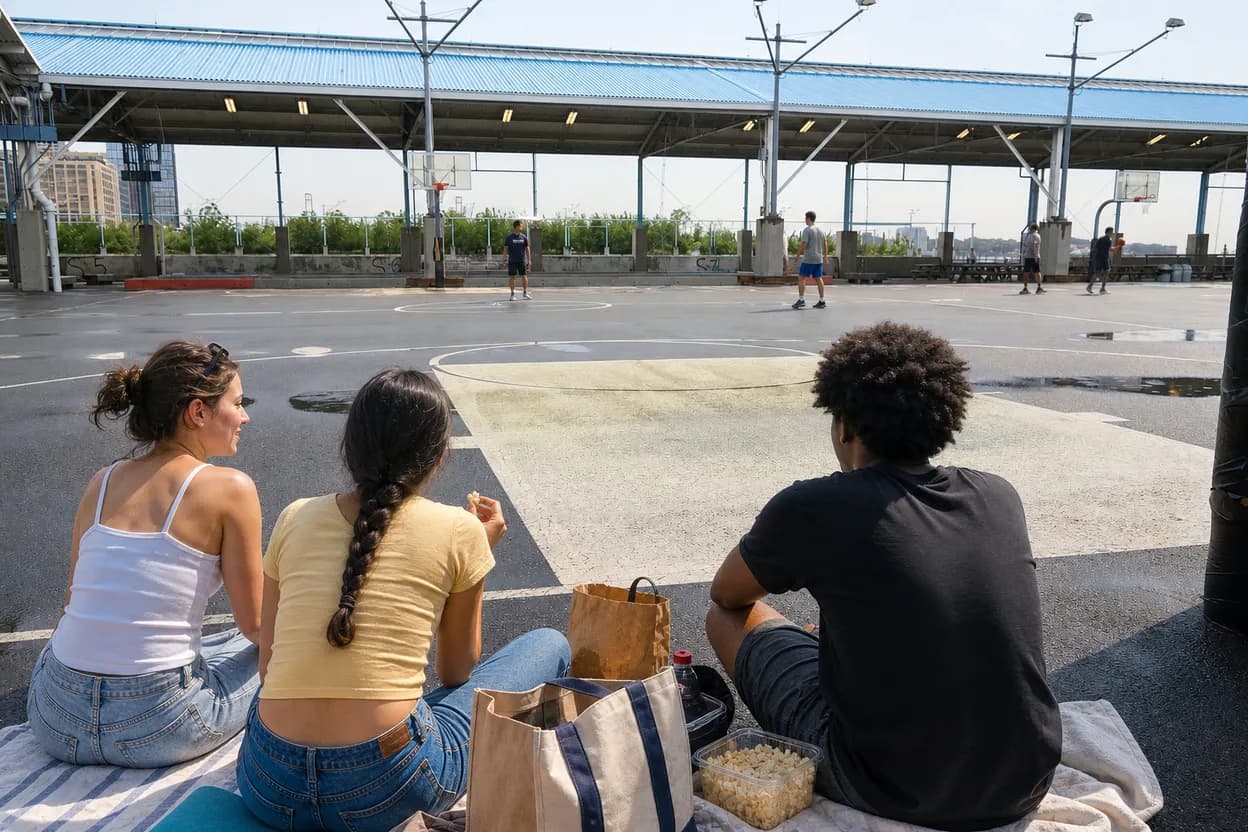 Brooklyn Bridge Park basketball-court pause for a WNBA night