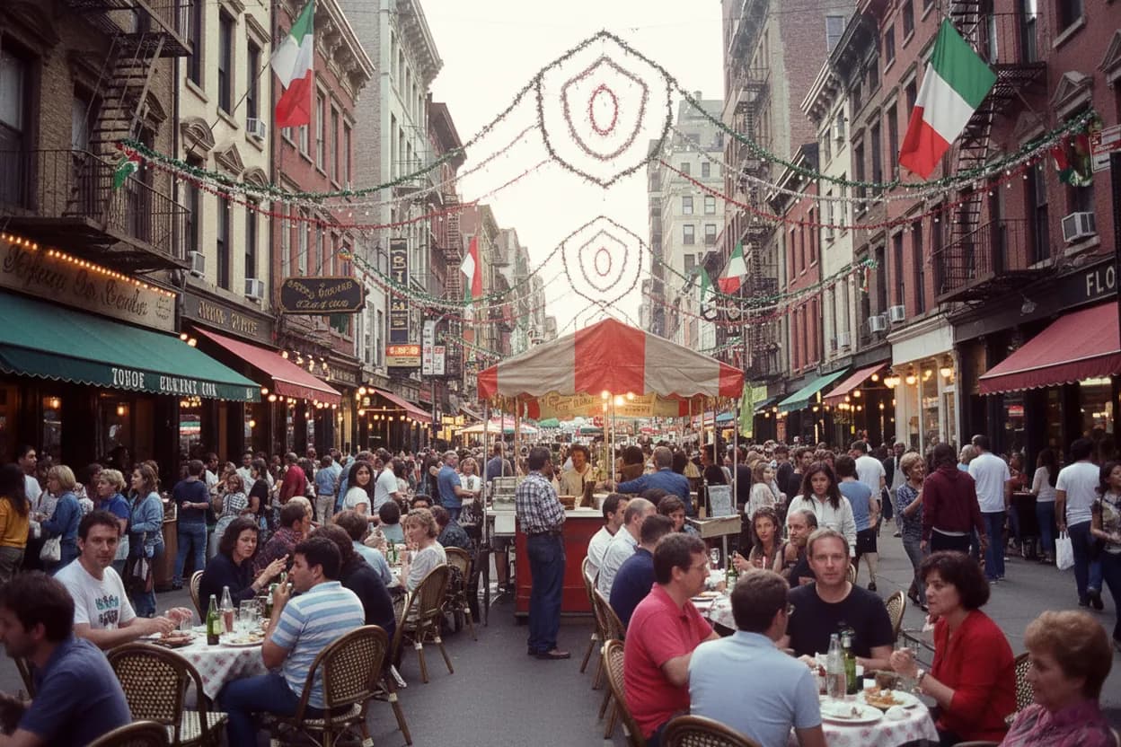 A festive Little Italy street on a warm evening