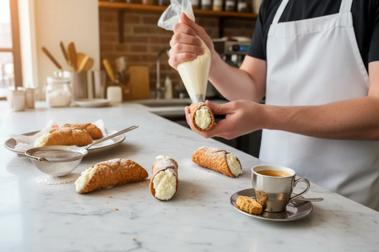 Fresh cannoli filled at a Little Italy bakery counter