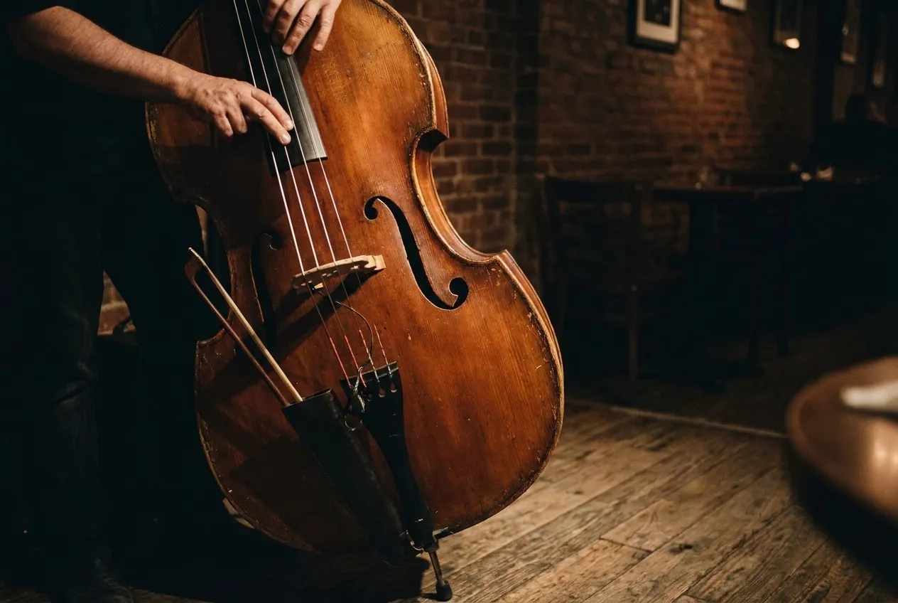 Close view of an upright bass being played in a dim club