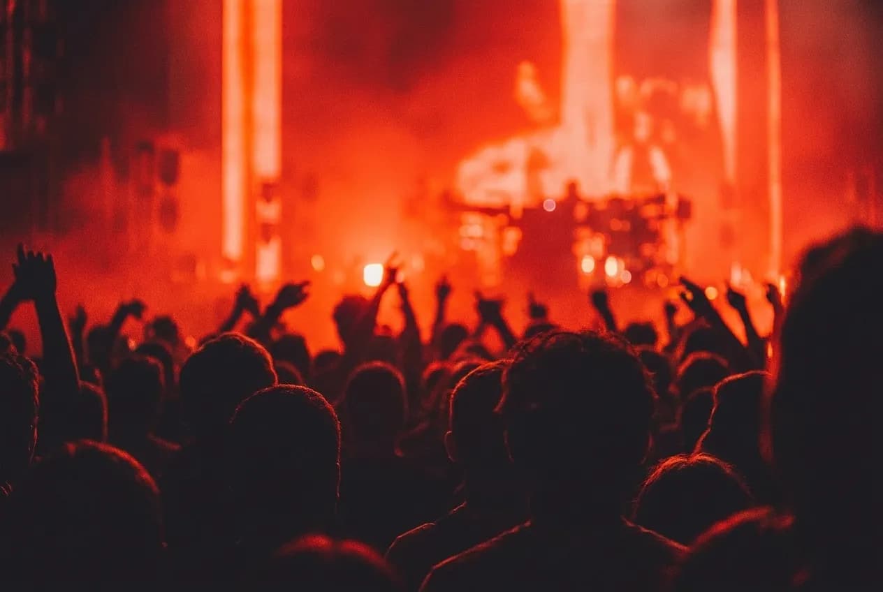 The back half of a club floor, silhouettes against the stage light ahead