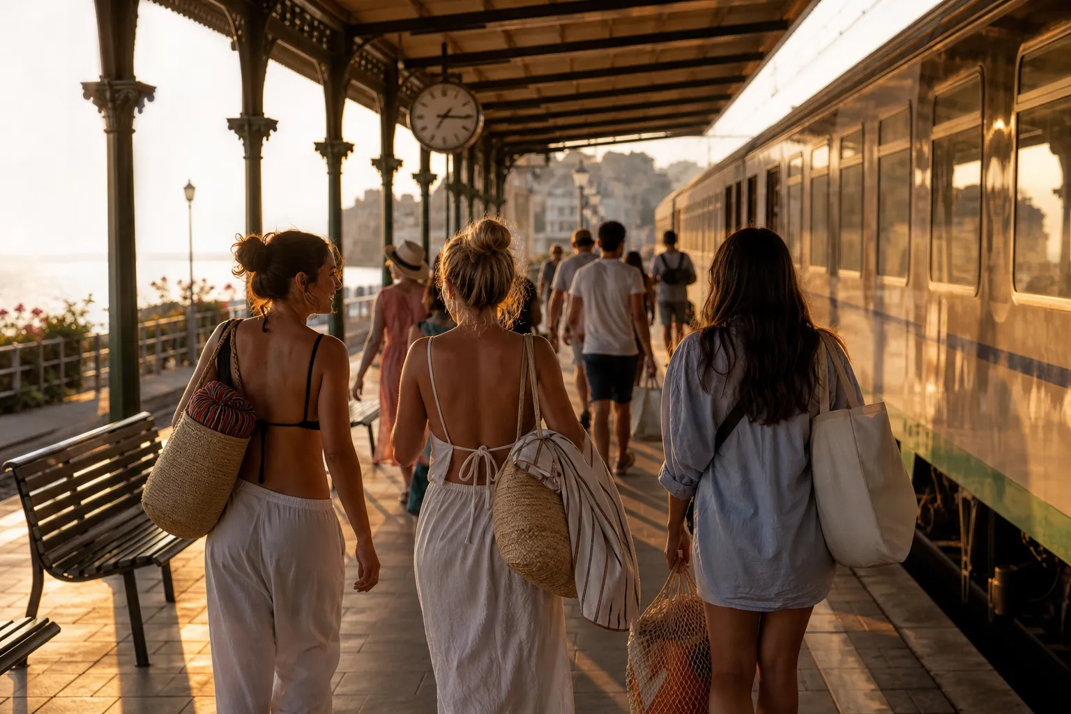 Golden-hour return train moment after a Long Island beach day
