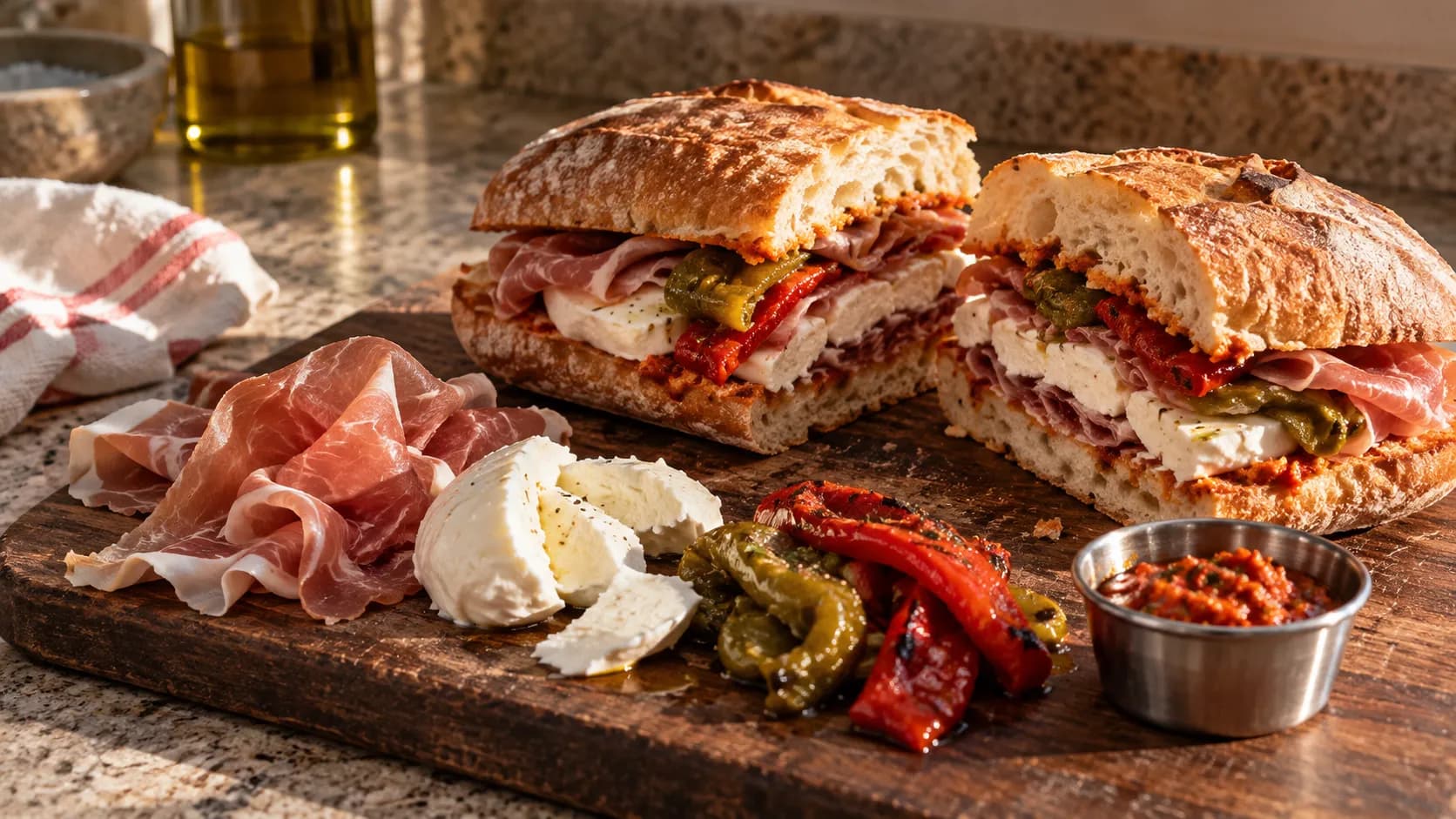 Halved Italian sandwich on a dark wooden board with prosciutto, mozzarella, roasted peppers and spicy spread in warm side light.