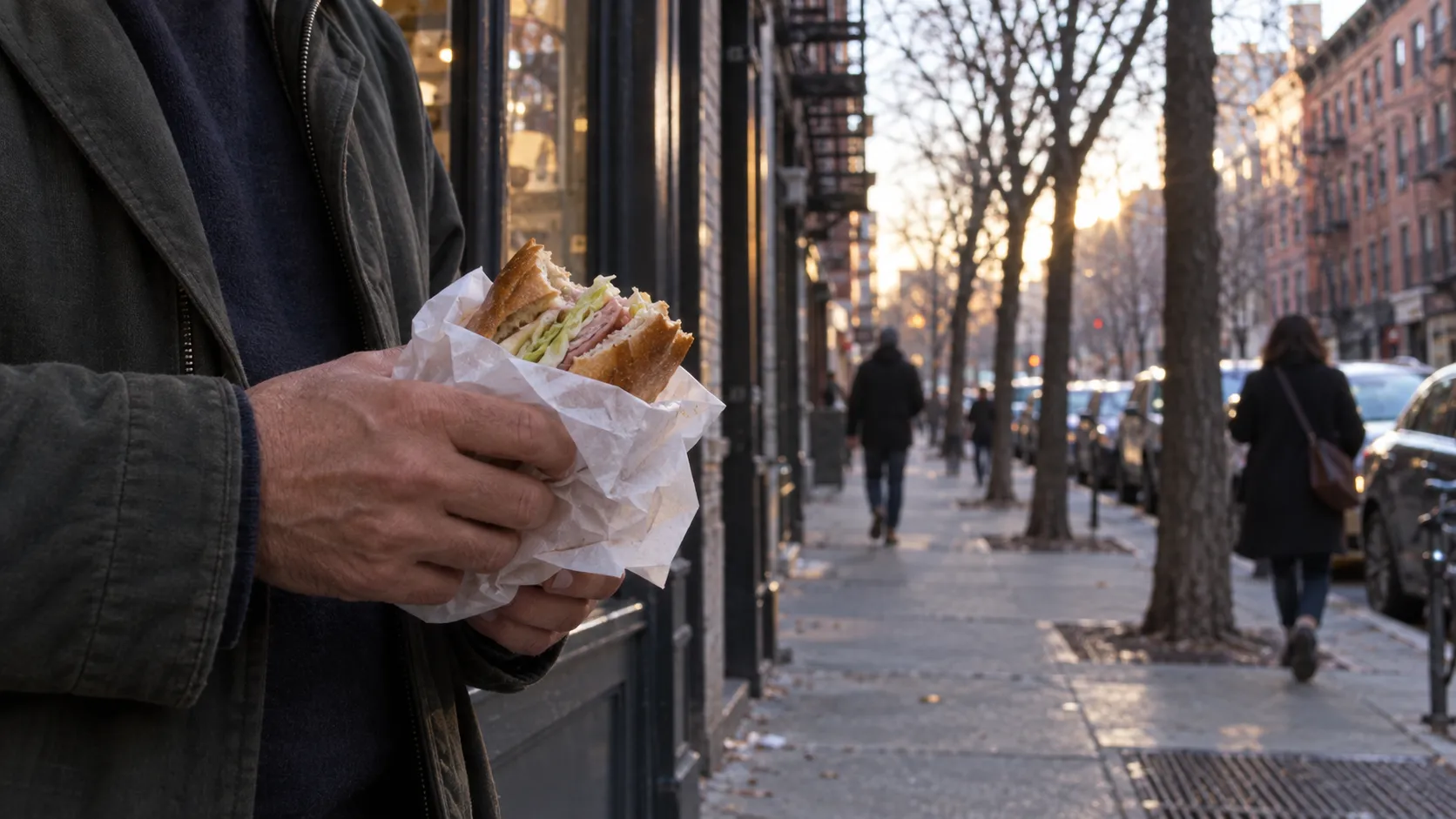 Paper-wrapped sandwich held outside Alidoro as Sullivan Street recedes through SoHo’s low brick and cast-iron streetscape.