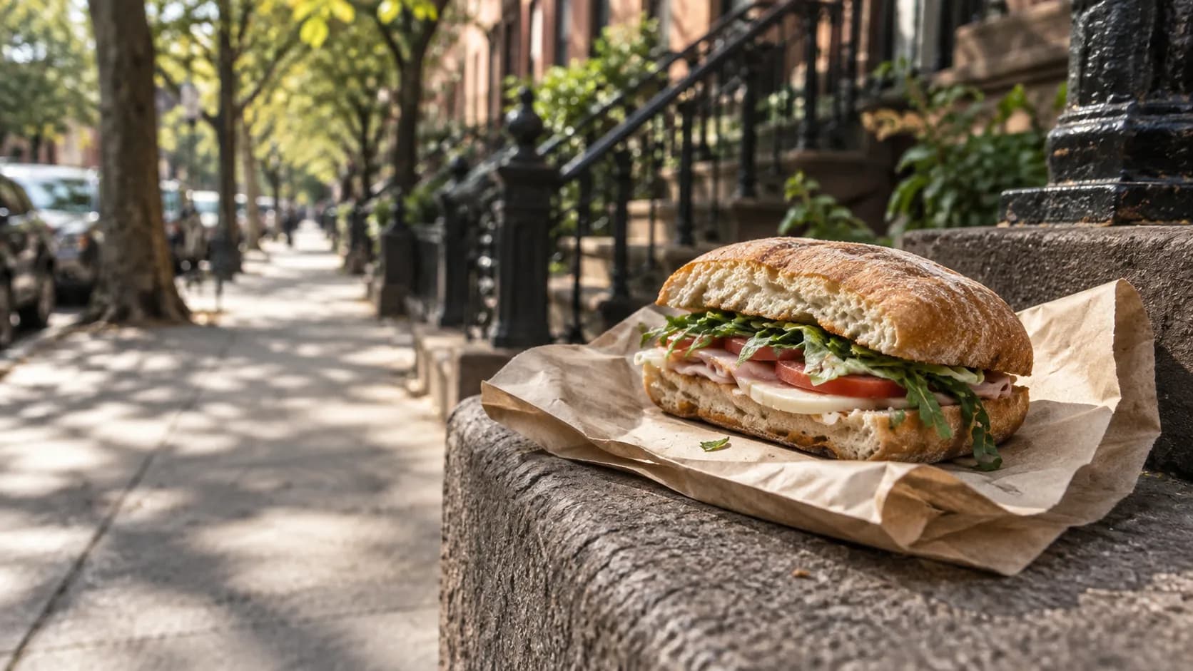 Takeaway sandwich on a paper bag outside Court Street Grocers, with afternoon light, a stone ledge and leafy Carroll Gardens street behind it.