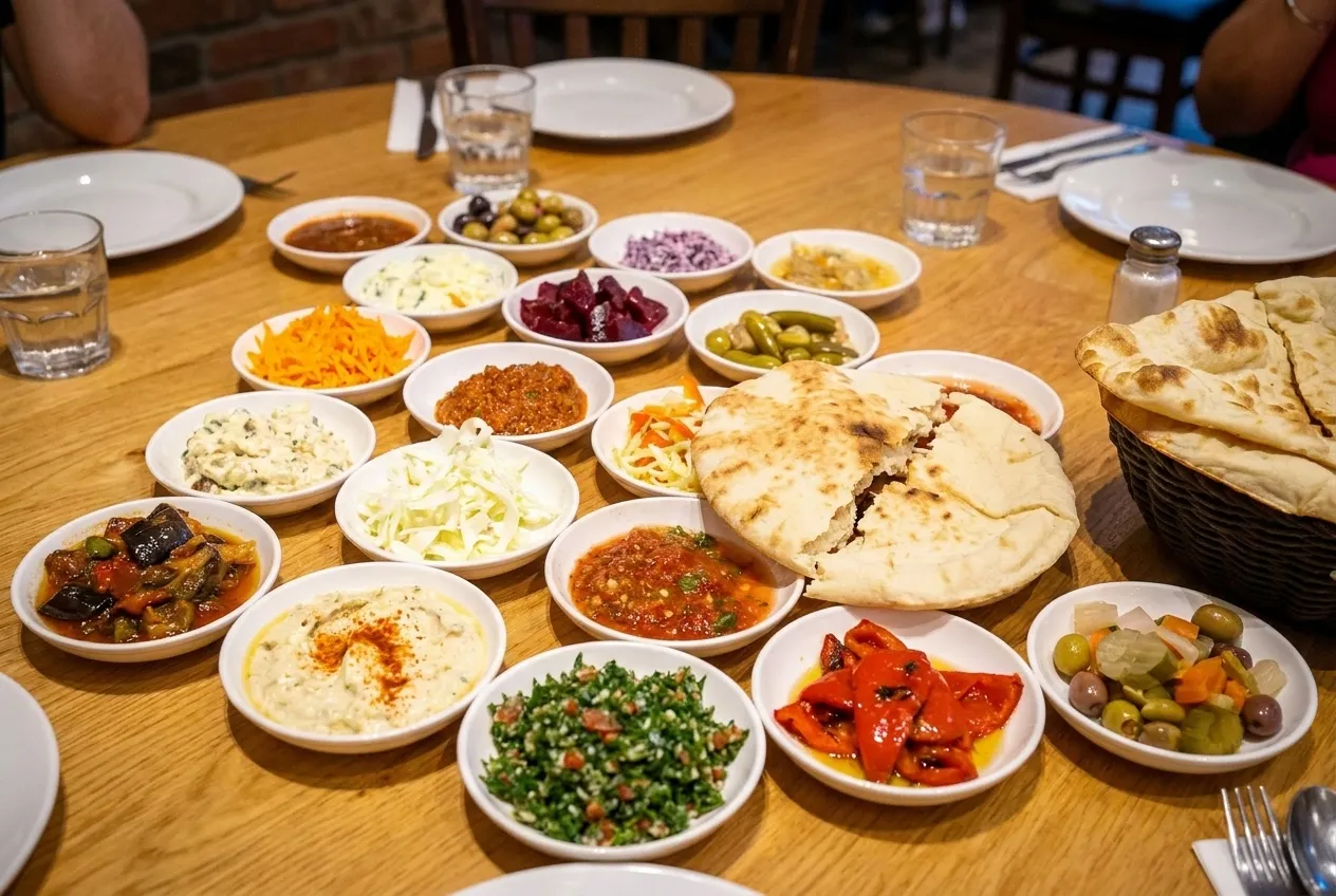 A mezze spread crowding a small table, flatbread torn across the middle