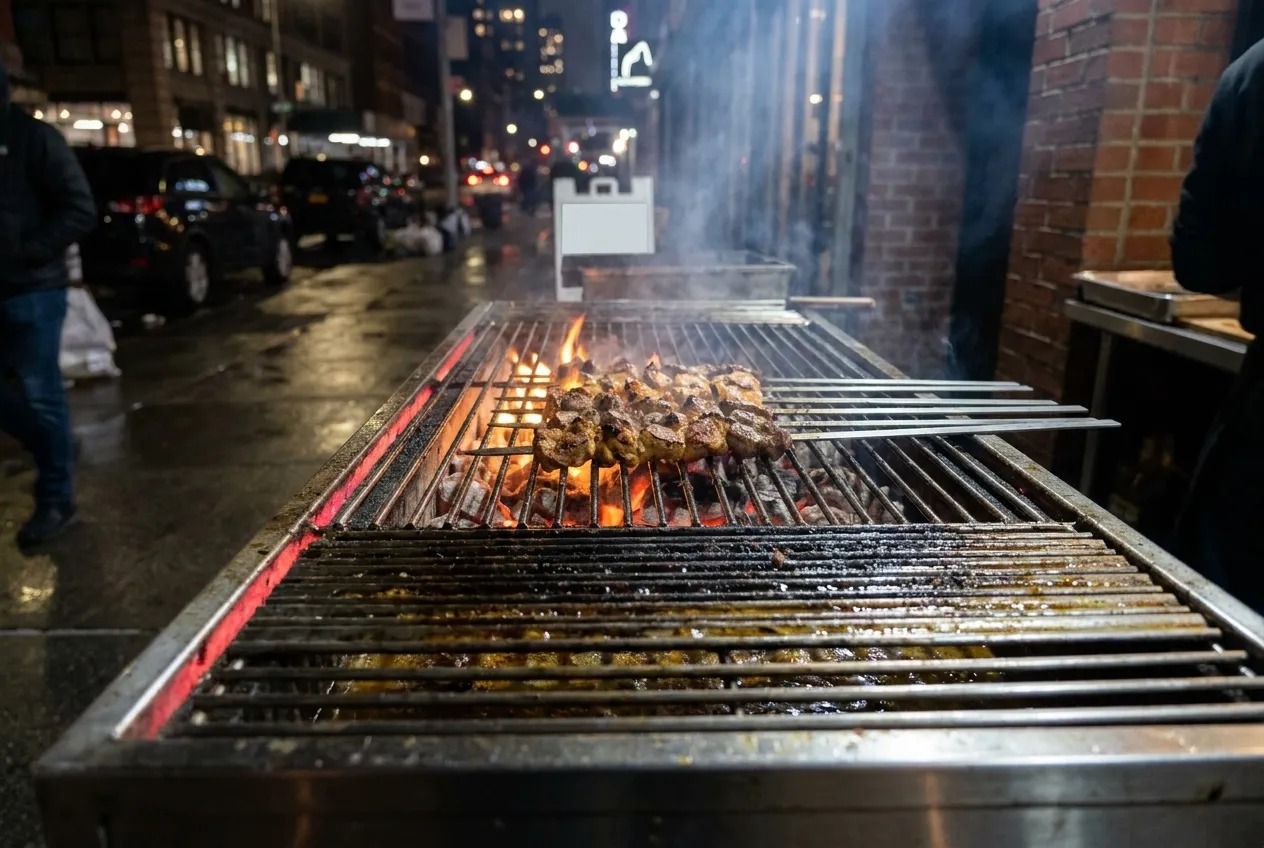 Skewers over open charcoal, the edge of the grill glowing under them