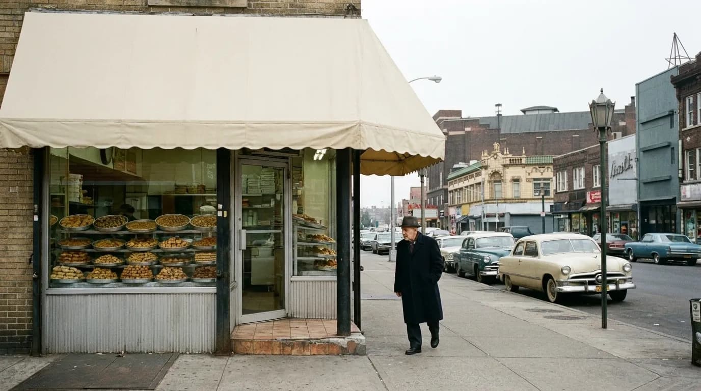 A small old pastry shop window on Kings Highway in Brooklyn with trays of sweets stacked behind the glass.