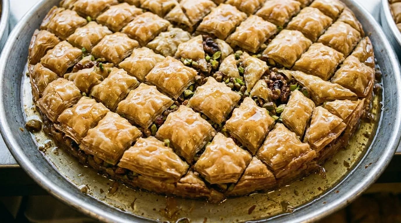Trays of diamond-cut baklava and nut-filled pastries glistening with syrup under bakery lights.