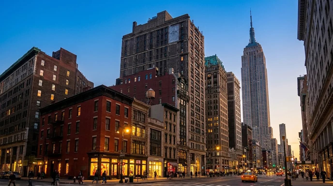 Evening street scene in Manhattan's Flatiron District with illuminated buildings