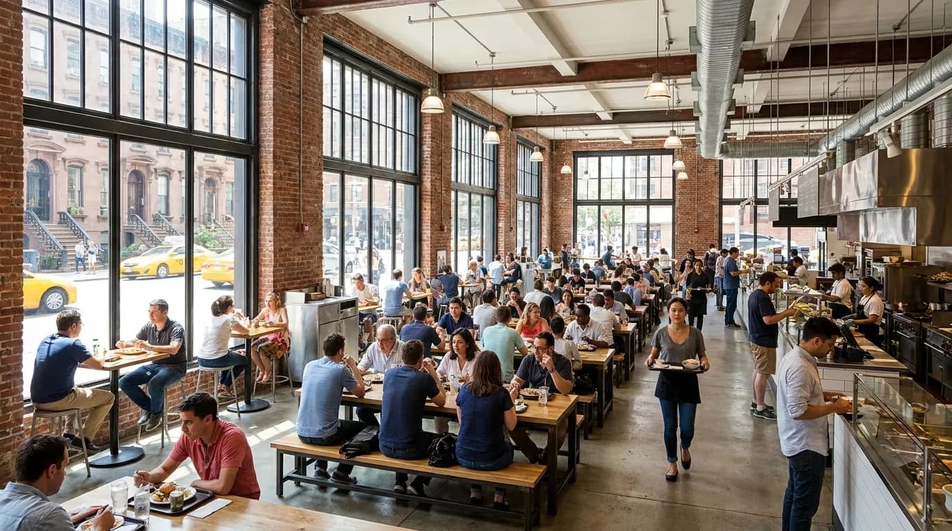 Bright interior of Chelsea Market with exposed brick and food vendors
