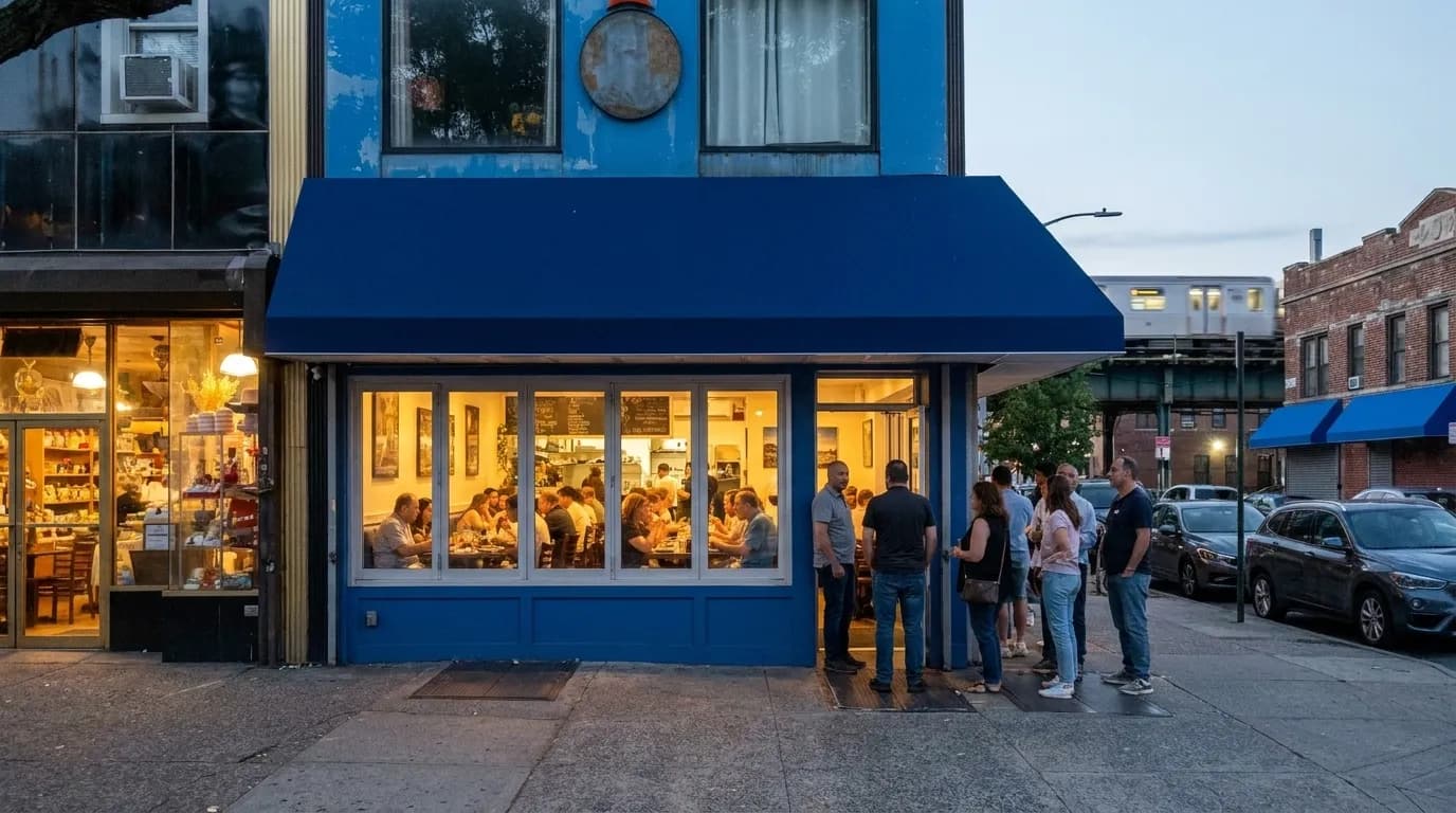 A busy corner Greek restaurant on Ditmars Boulevard in Astoria, Queens, with an awning over a crowded sidewalk at dusk.