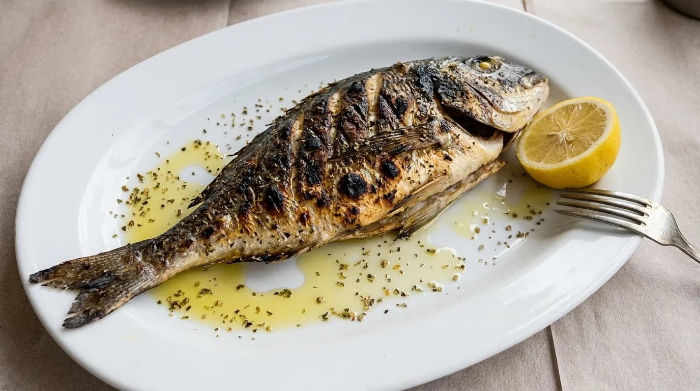 A whole grilled fish on a white platter, skin charred and blistered, dressed with olive oil, lemon and oregano.