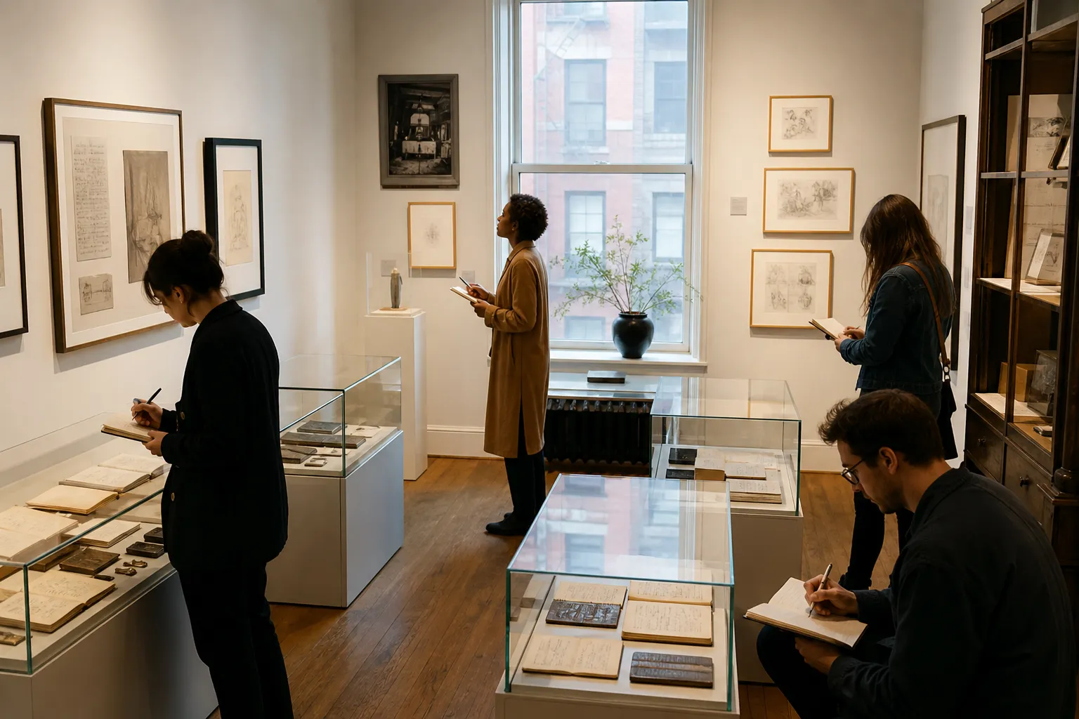Small NYC museum room with visitors taking creative notes