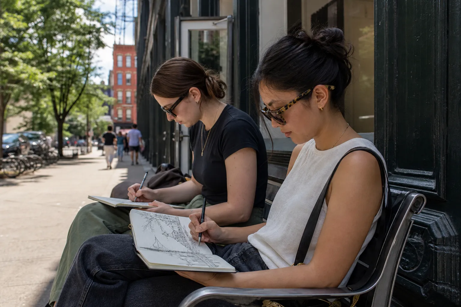 Friends sketching after a mini museum visit on a sunny side street