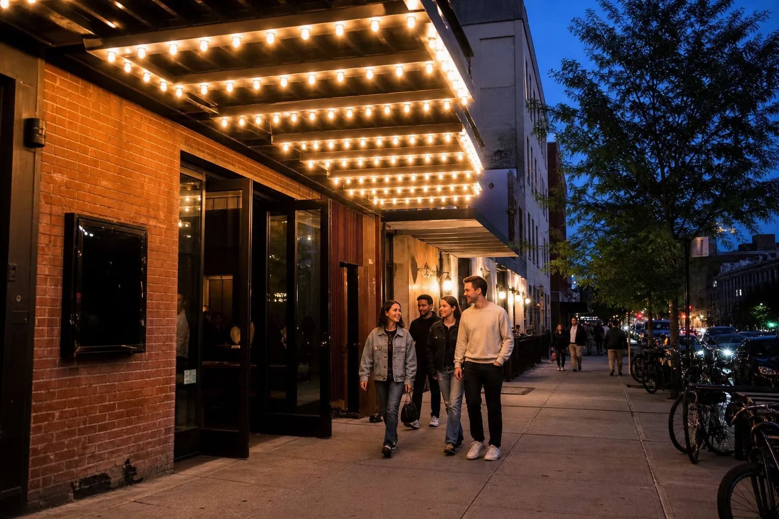 Realistic editorial cover scene for NYC Movie Theater Dinner Plan For Last-Minute Groups in Williamsburg, NYC.