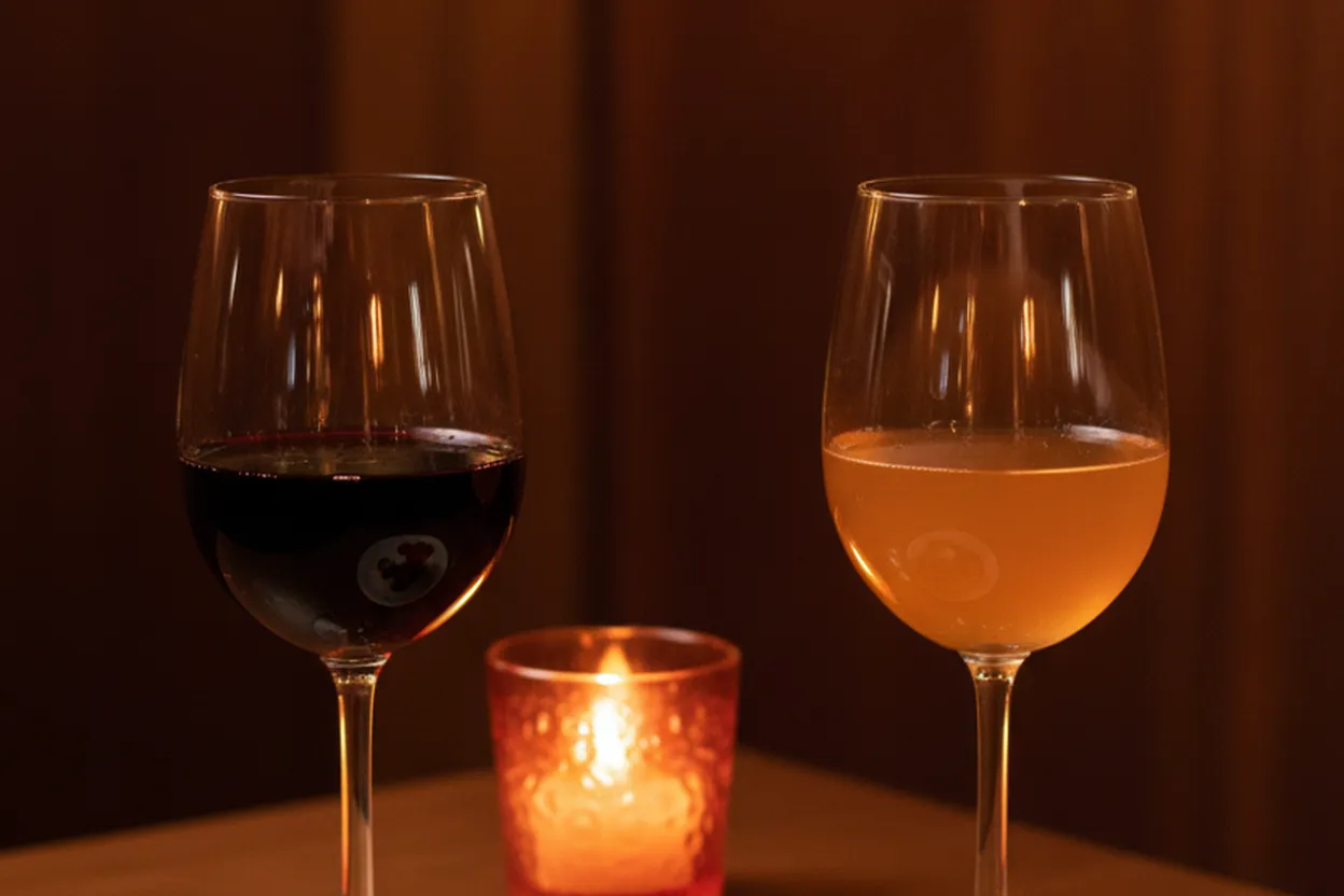 Wine and small plates on a candlelit NYC bar table