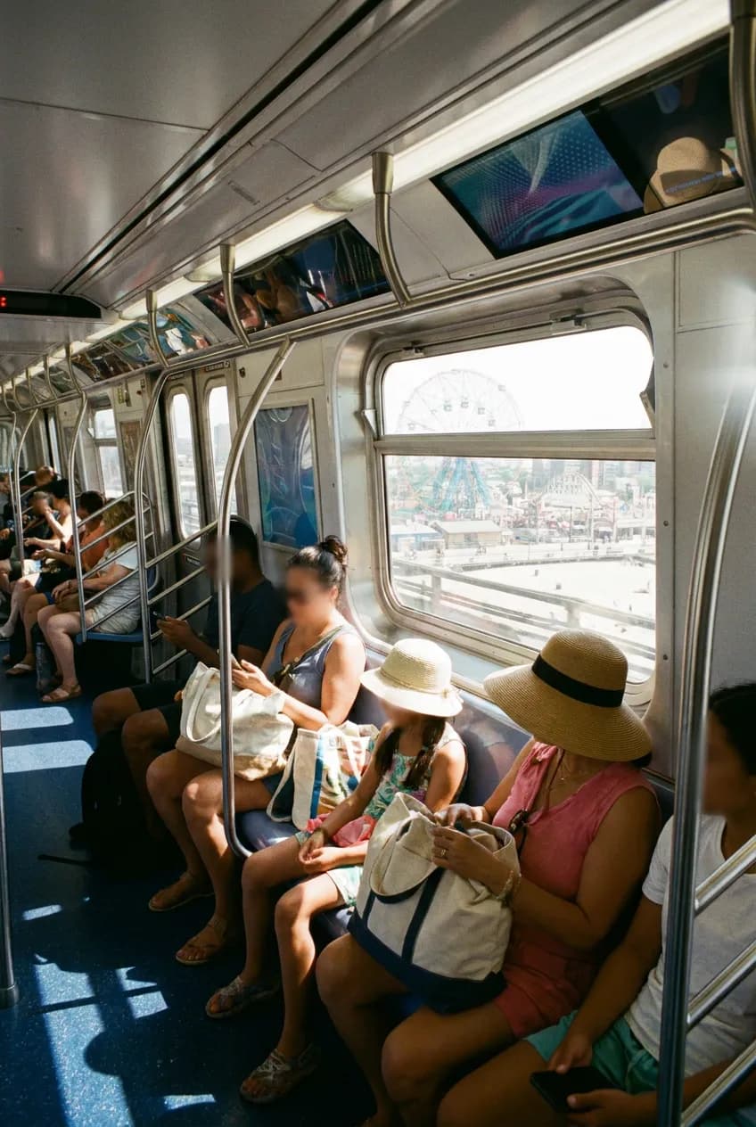 Summer subway route toward Coney Island boardwalk