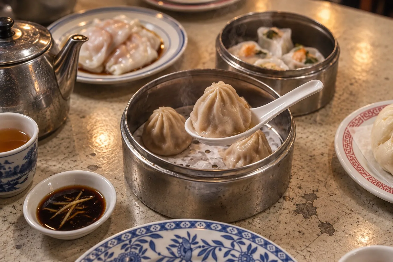 A dented steel steamer basket of pleated pork soup dumplings on a scuffed tea-parlour table, a porcelain spoon lifting one out, dark vinegar with ginger threads alongside