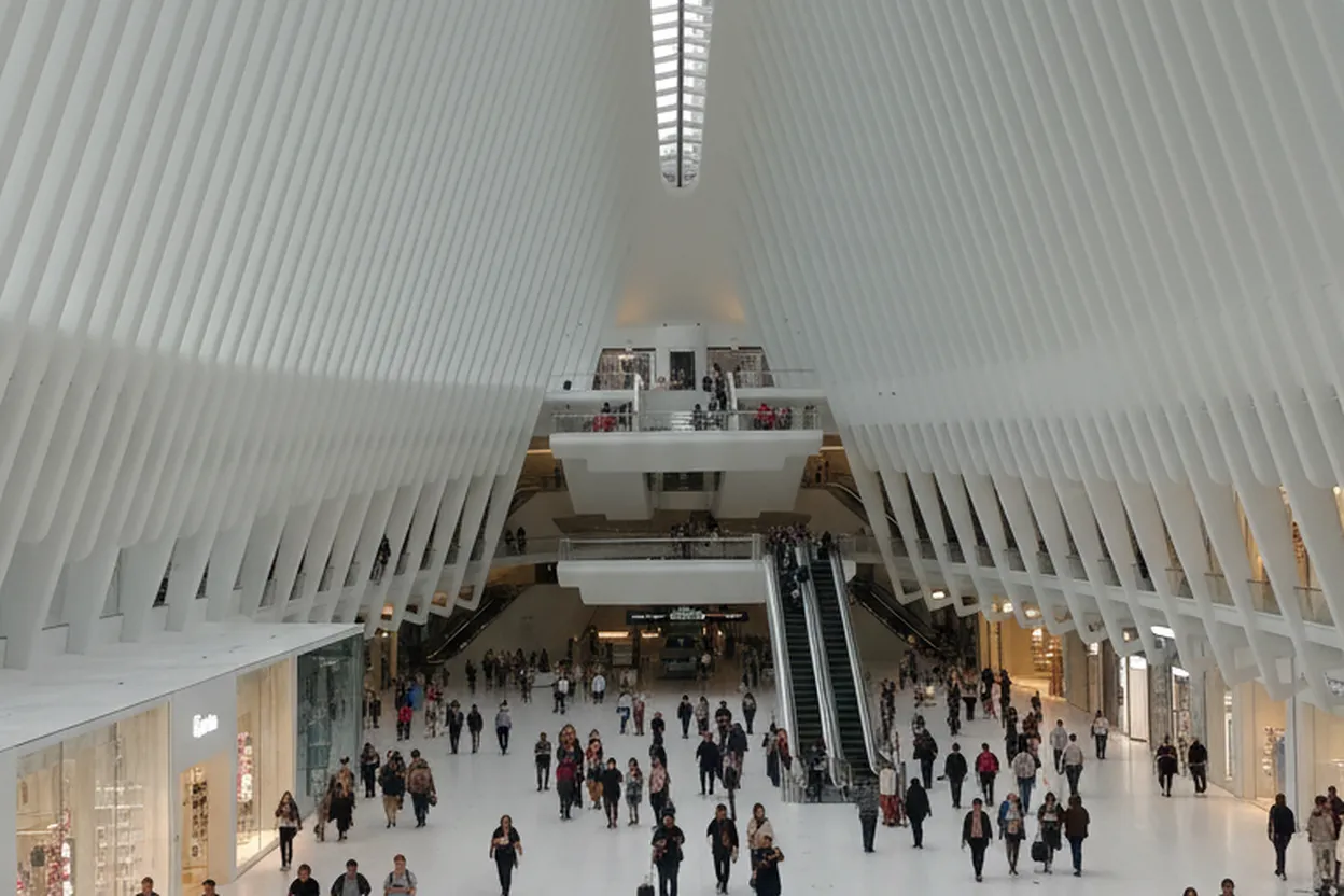 A bright white shopping-and-transit concourse