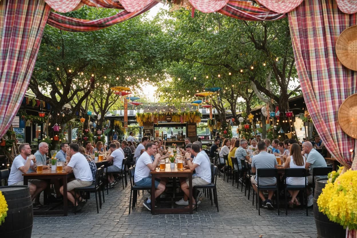 A lively outdoor beer garden on a warm afternoon