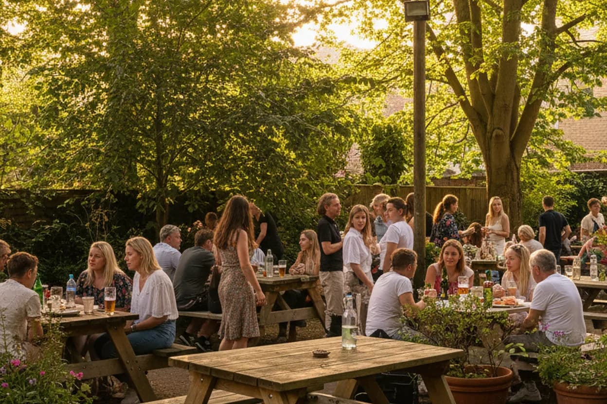 A leafy beer-garden courtyard with communal benches