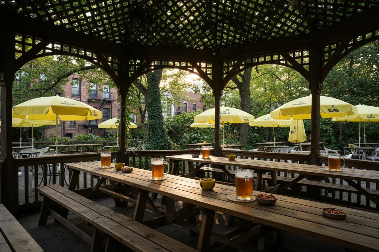 A shaded corner of a large summer beer garden