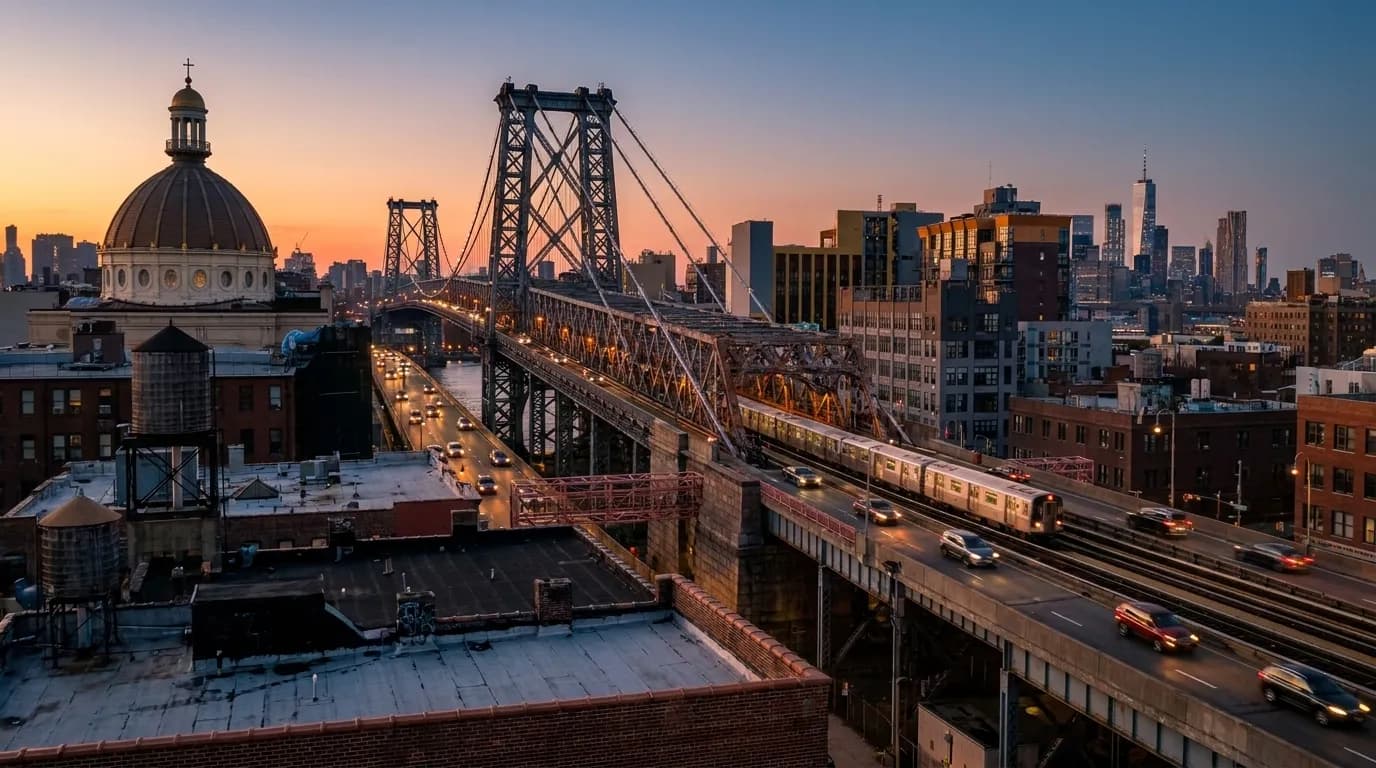 Evening view of the Williamsburg Bridge connecting Manhattan and Brooklyn