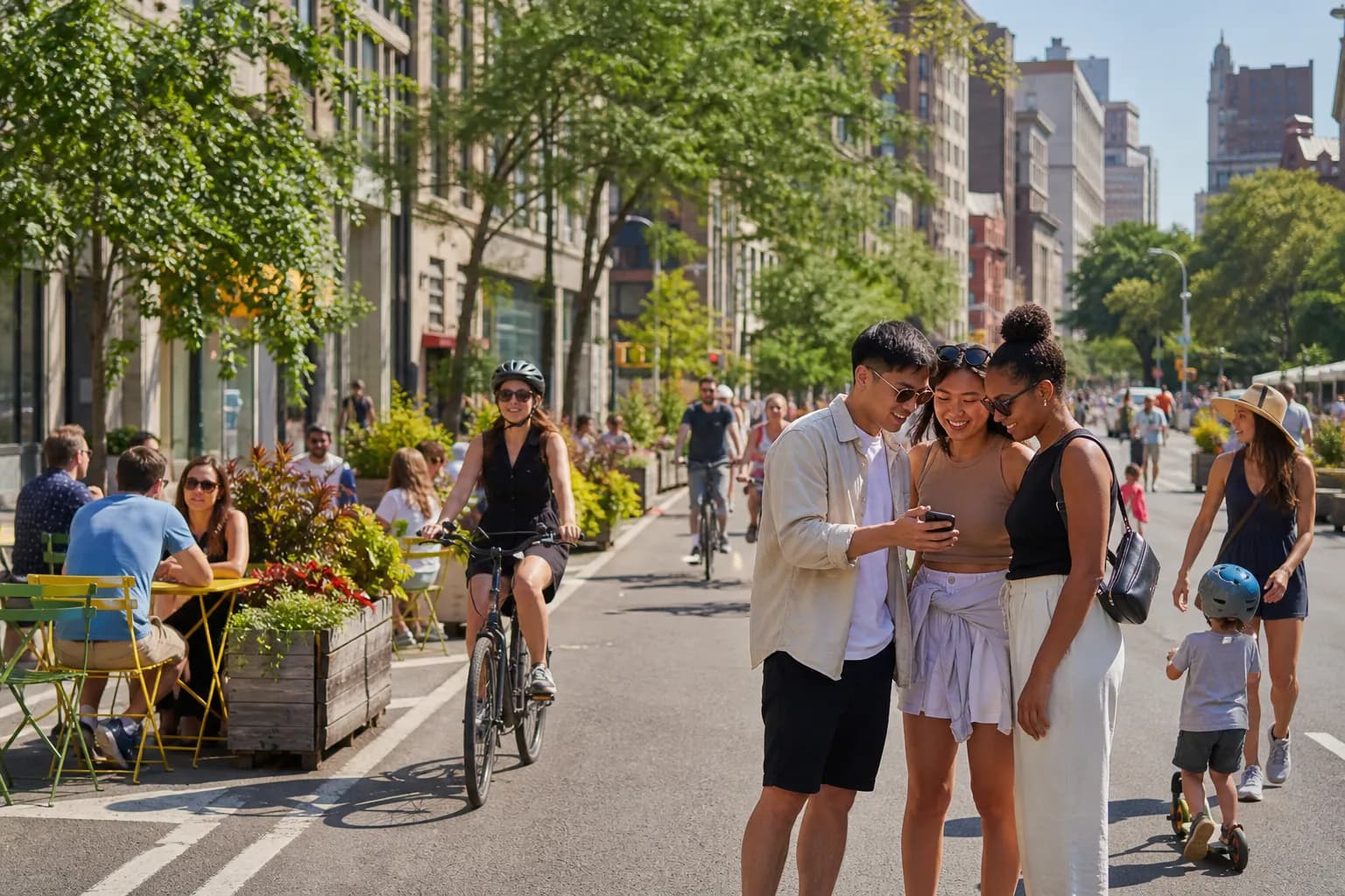 Sunny car-free NYC Open Street with people planning a free afternoon