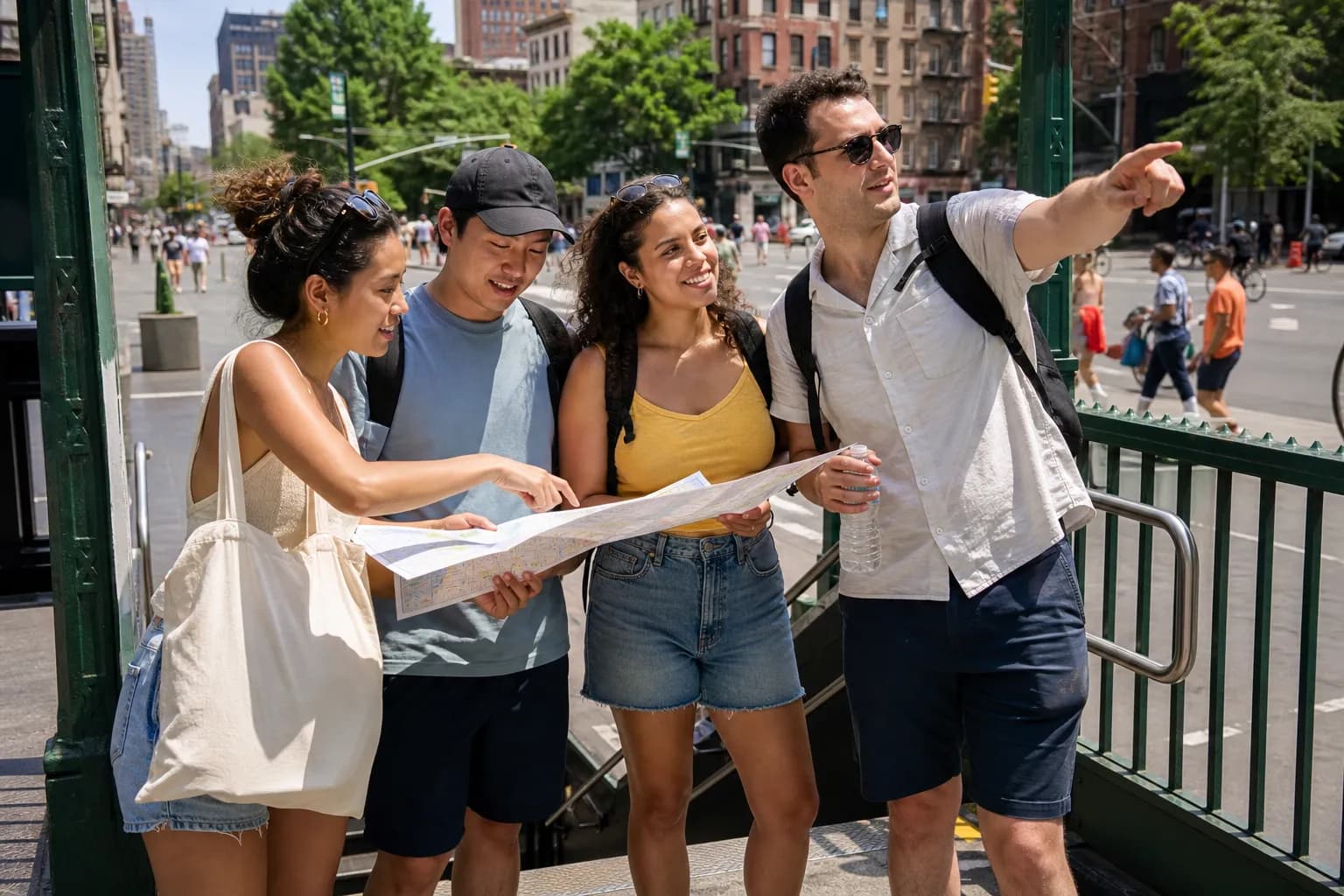 Friends checking an Open Streets route outside a subway exit