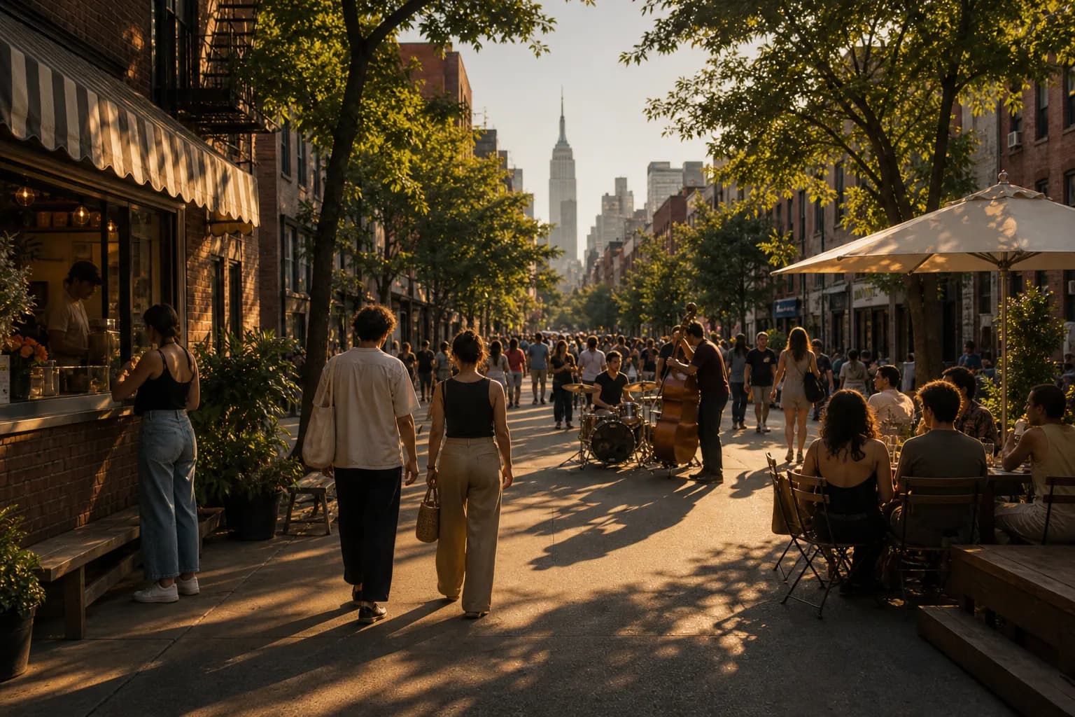 Golden-hour neighborhood Open Street with shaded seating